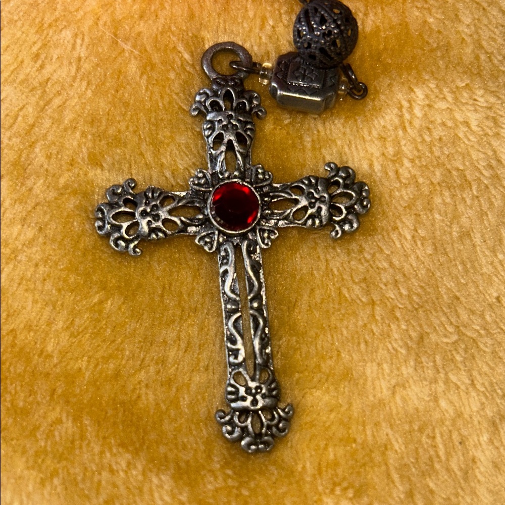 Rustic Cuff Red Ribbon Cross Necklace - Picture 2 of 5